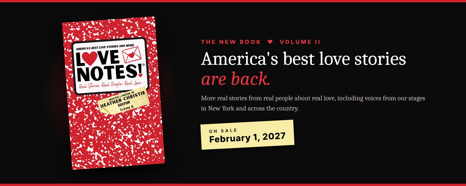 LoveNotes! Volume II book cover. America’s best love stories are back. On sale February 1, 2027.